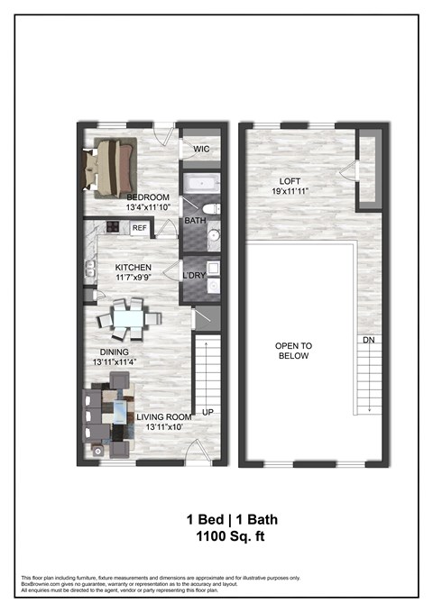 A floor plan of a one bedroom apartment with one bath.